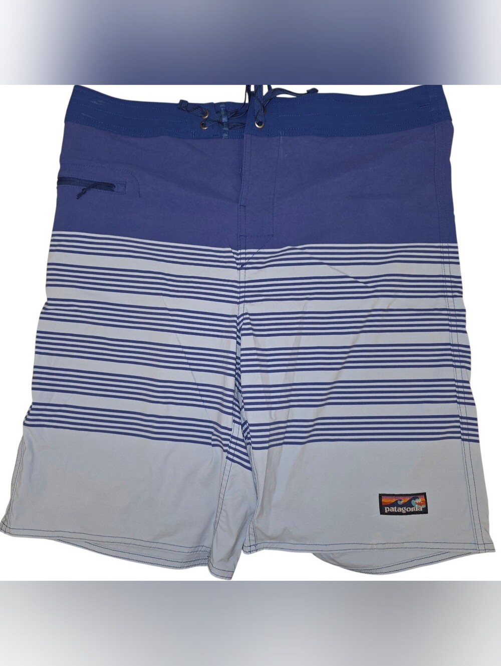 Patagonia Men's Striped Board Shorts Blue/Gray/White Drawstring Pocket One Size